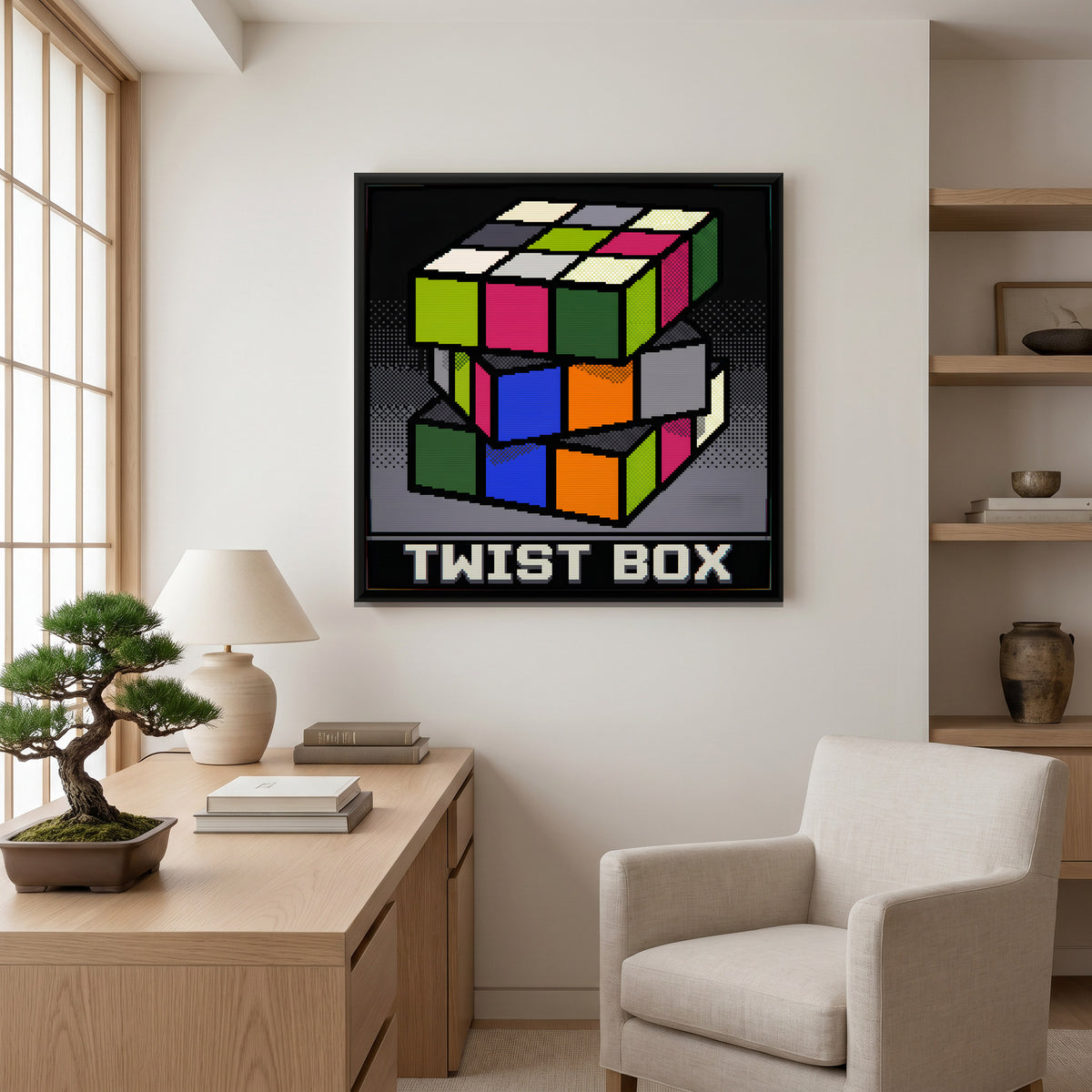 Twisting Puzzle Cube - canvas art shown in a styled room