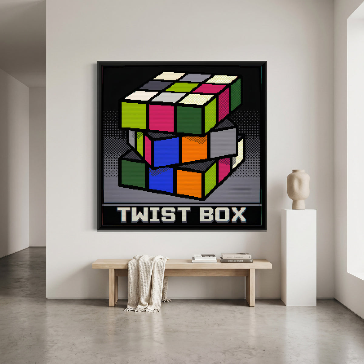 Twisting Puzzle Cube - canvas art shown in a second room setting