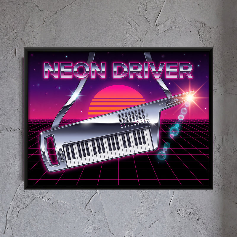 Chrome Keytar Synthesizer - framed canvas art hung on a wall