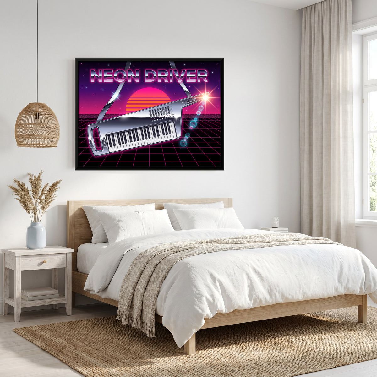 Chrome Keytar Synthesizer - canvas art shown in a styled room