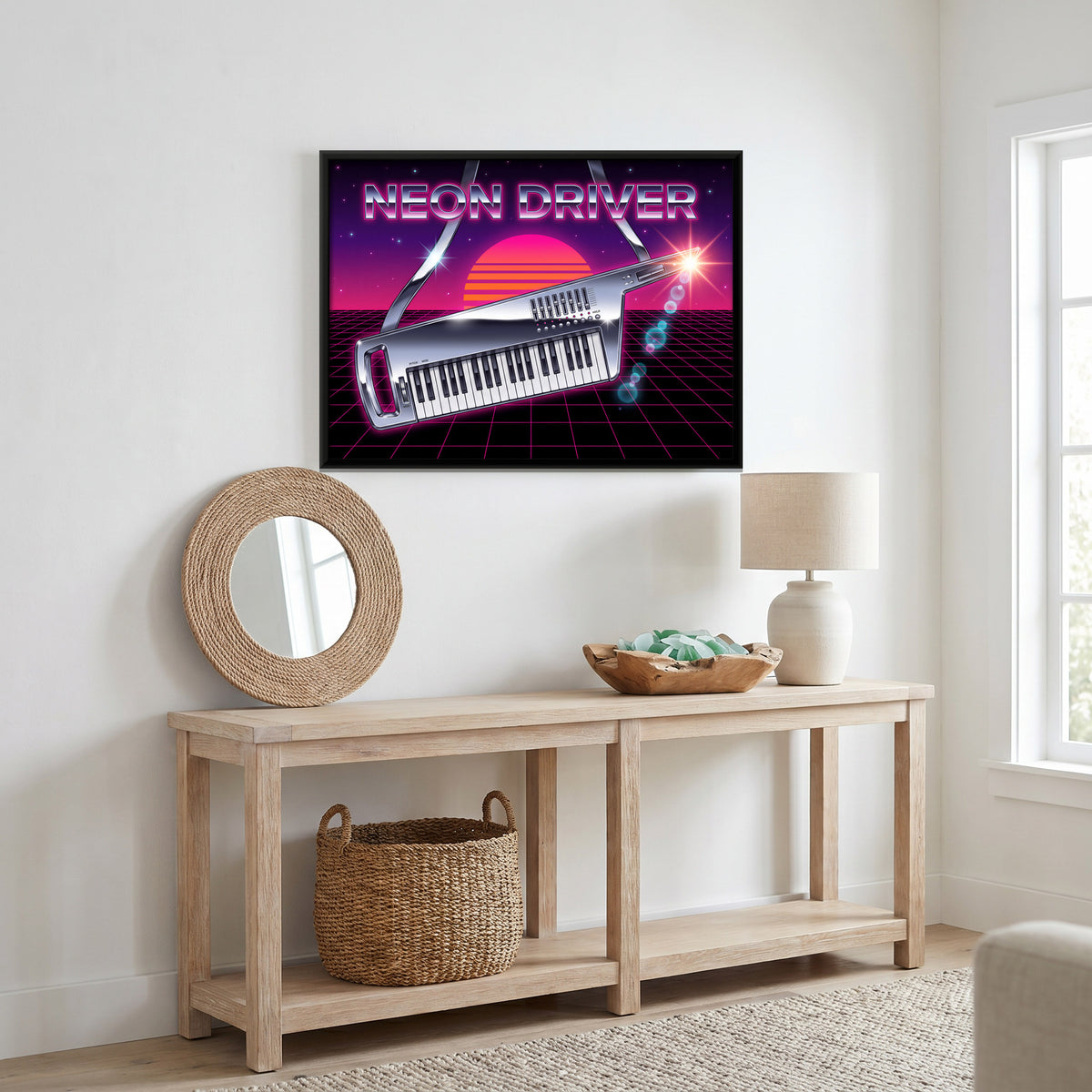 Chrome Keytar Synthesizer - canvas art shown in a second room setting