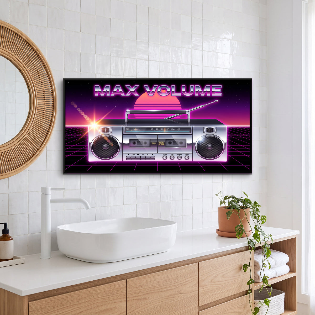 Chrome Boombox - canvas art shown in a styled room