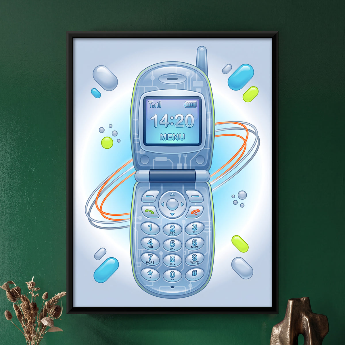 Y2K Flip Phone - framed canvas art hung on a wall