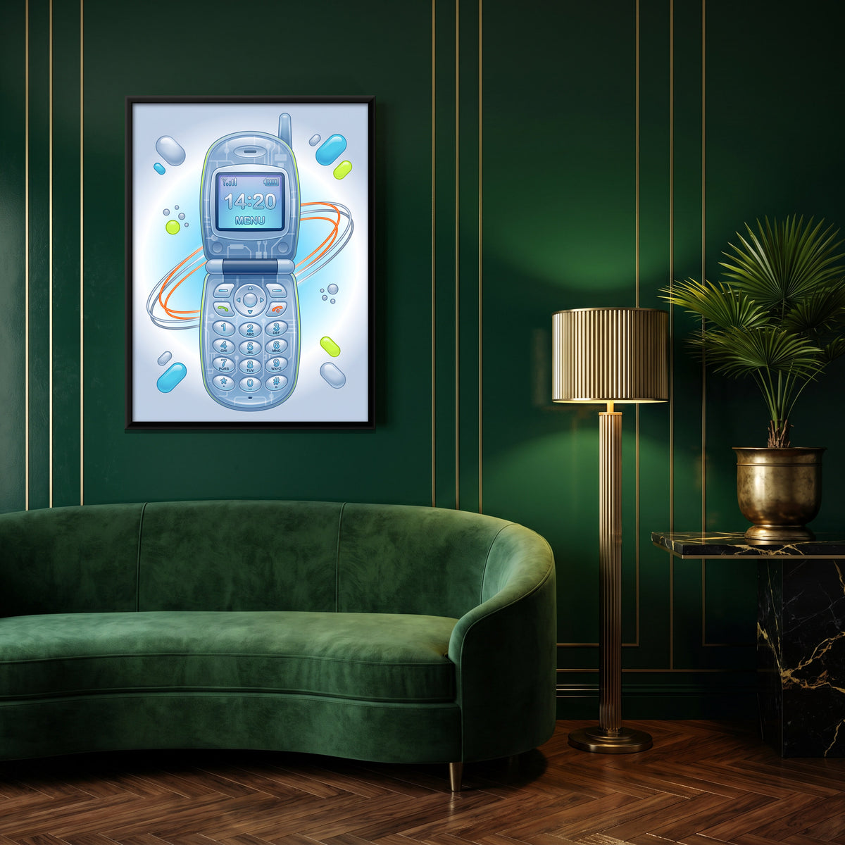 Y2K Flip Phone - canvas art shown in a styled room
