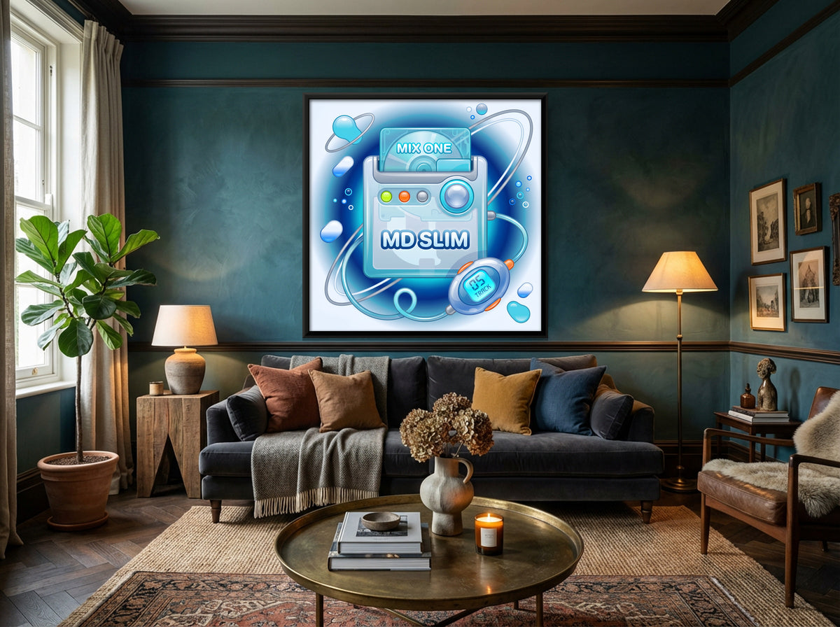 Y2K MiniDisc Player - canvas art shown in a second room setting