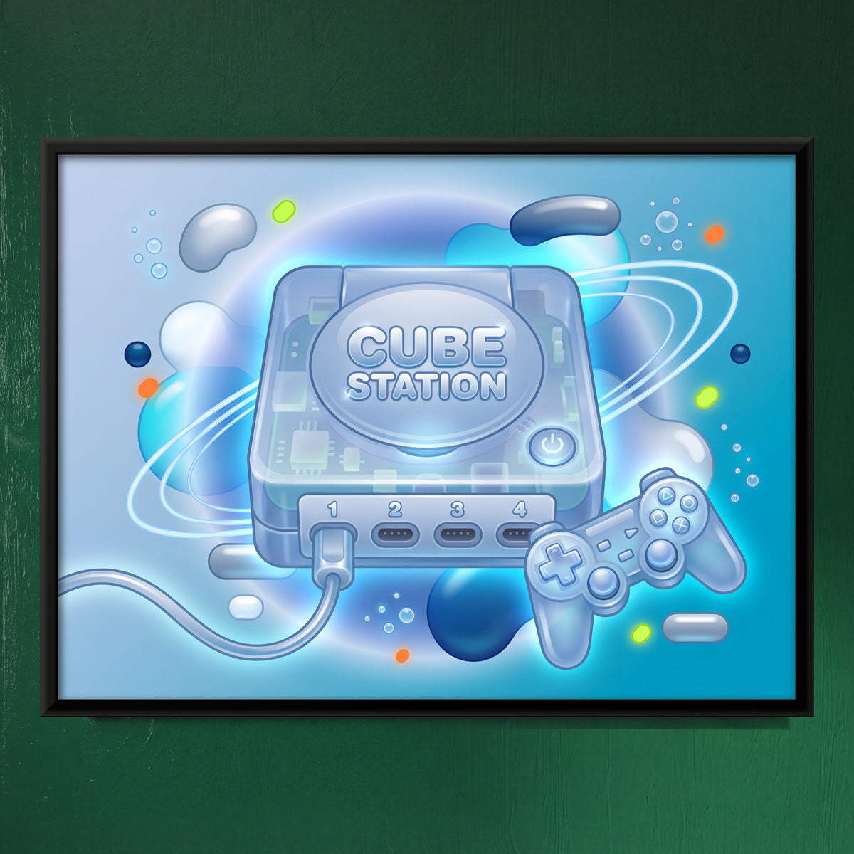 Y2K Video Game Console - framed canvas art hung on a wall