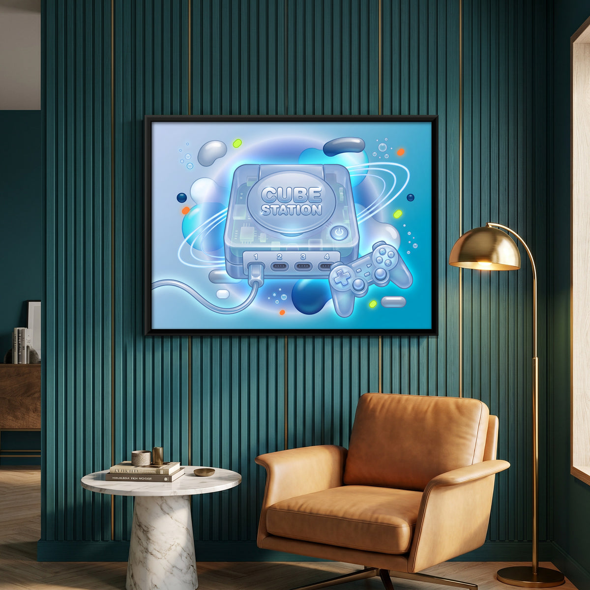 Y2K Video Game Console - canvas art shown in a styled room
