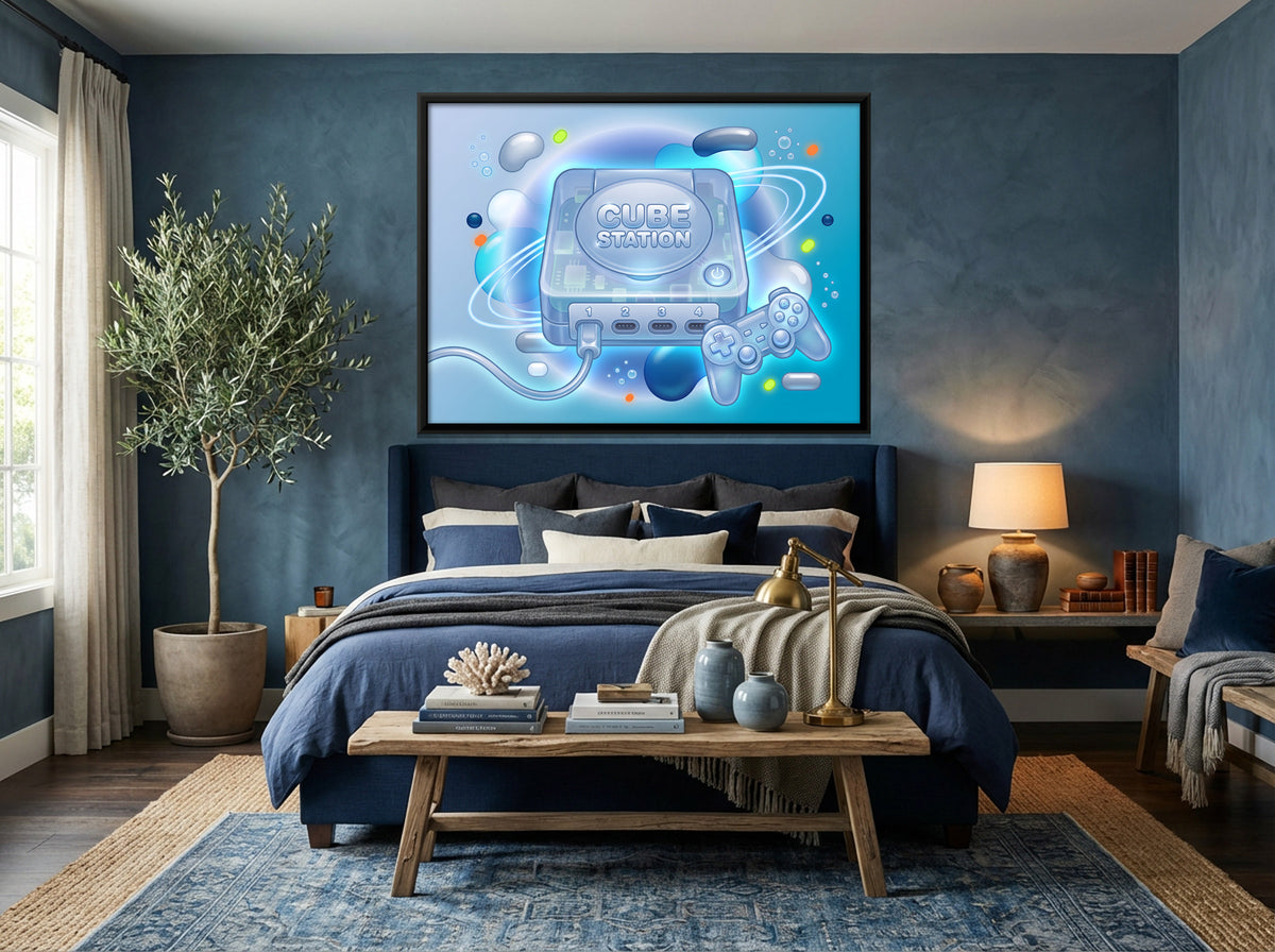 Y2K Video Game Console - canvas art shown in a second room setting