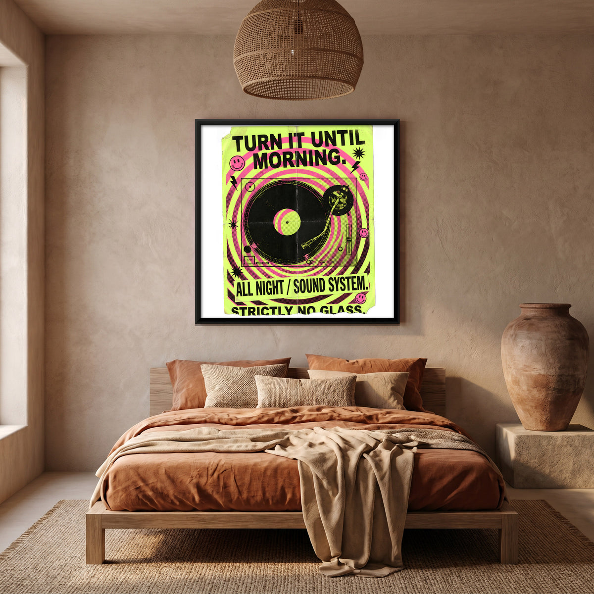 Rave Turntable - canvas art shown in a styled room