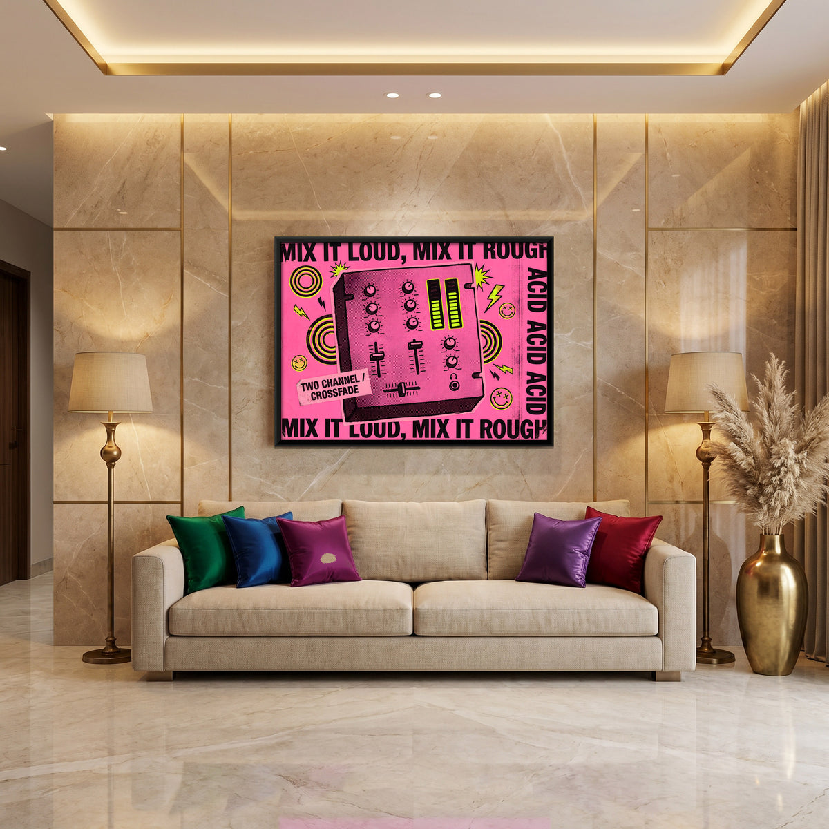 Rave DJ Mixer - canvas art shown in a styled room