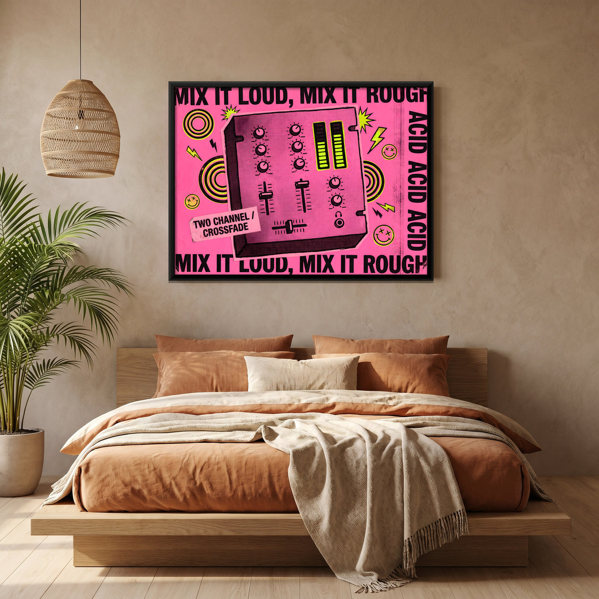 Rave DJ Mixer - canvas art shown in a second room setting
