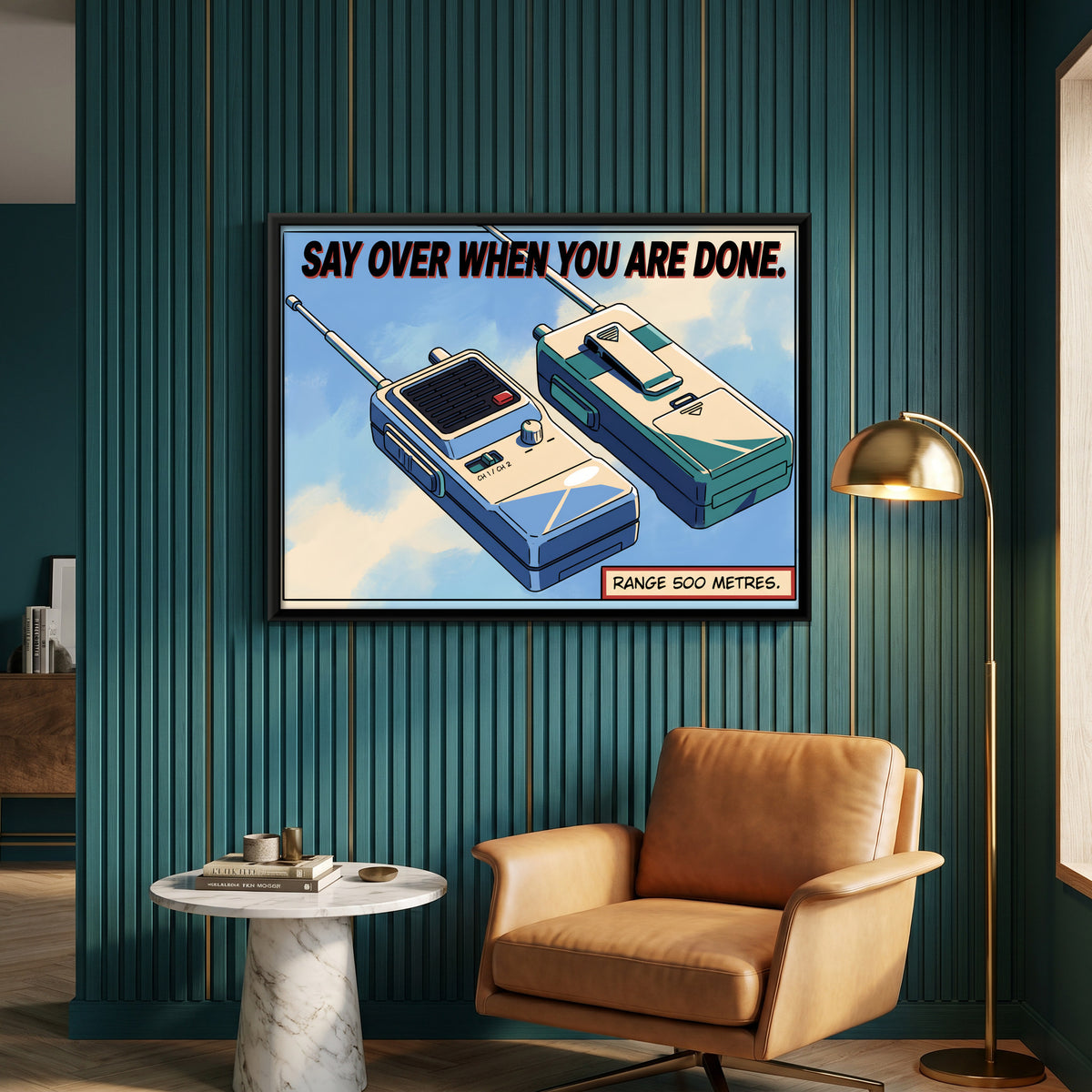 Pair of Walkie-Talkies - canvas art shown in a styled room