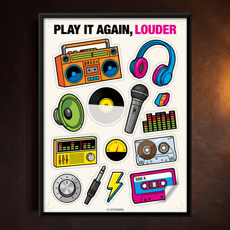 Retro Music Sticker Sheet - framed canvas art hung on a wall