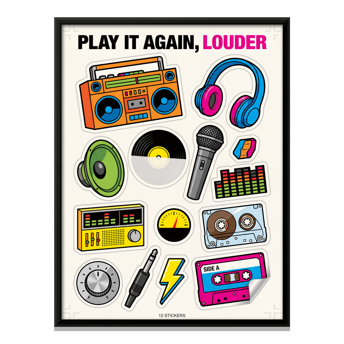 Retro Music Sticker Sheet - framed canvas print, front view