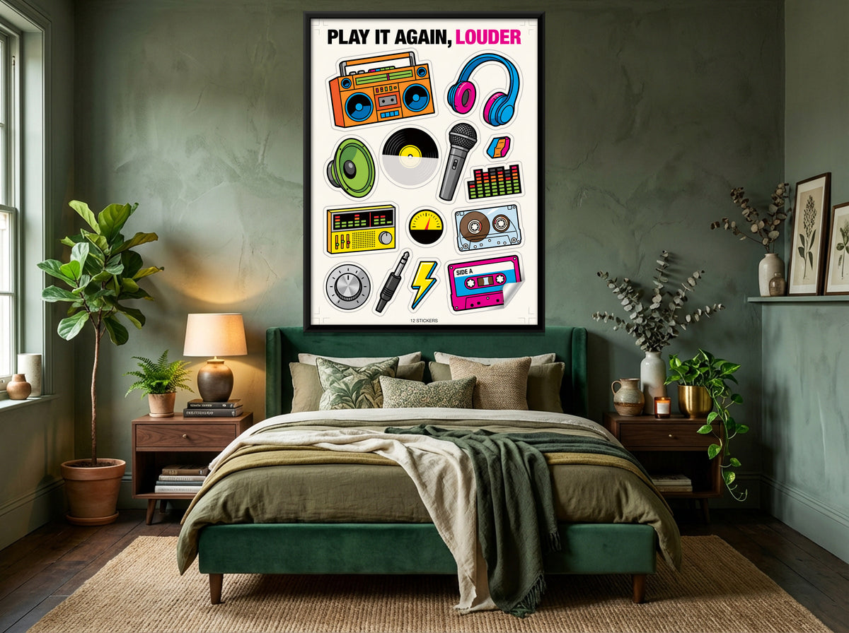 Retro Music Sticker Sheet - canvas art shown in a styled room