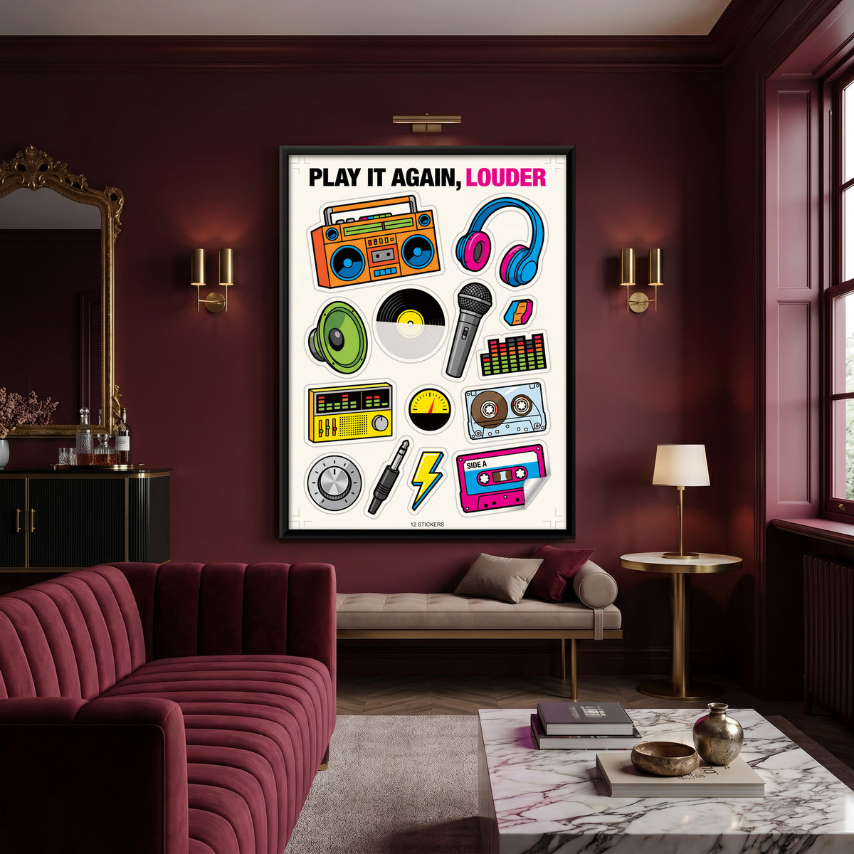 Retro Music Sticker Sheet - canvas art shown in a second room setting