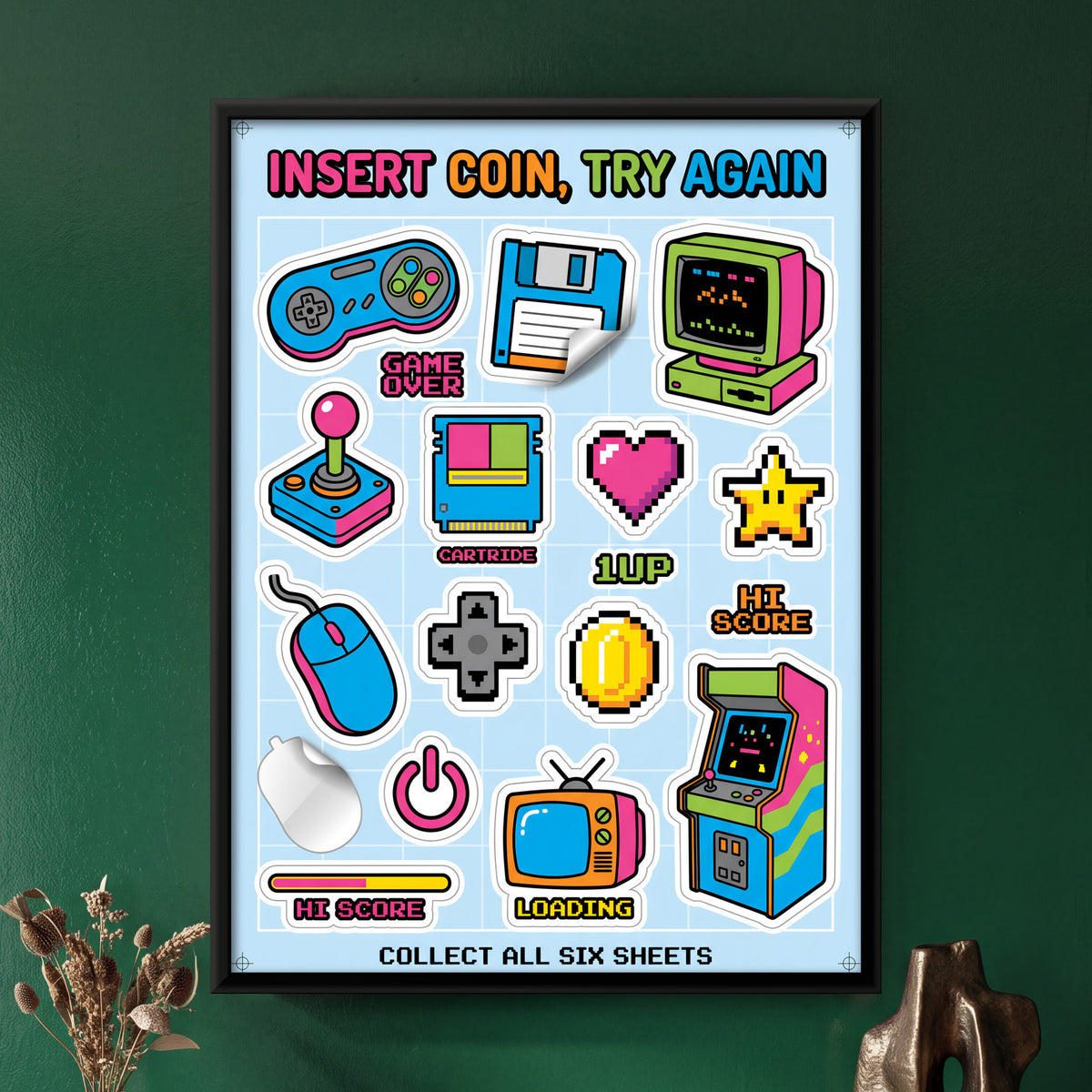 Retro Gaming Sticker Sheet - framed canvas art hung on a wall