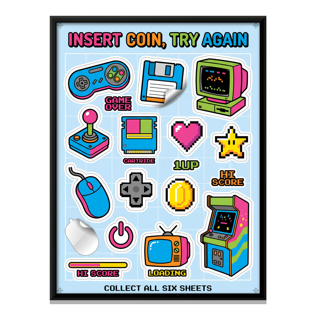 Retro Gaming Sticker Sheet - framed canvas print, front view