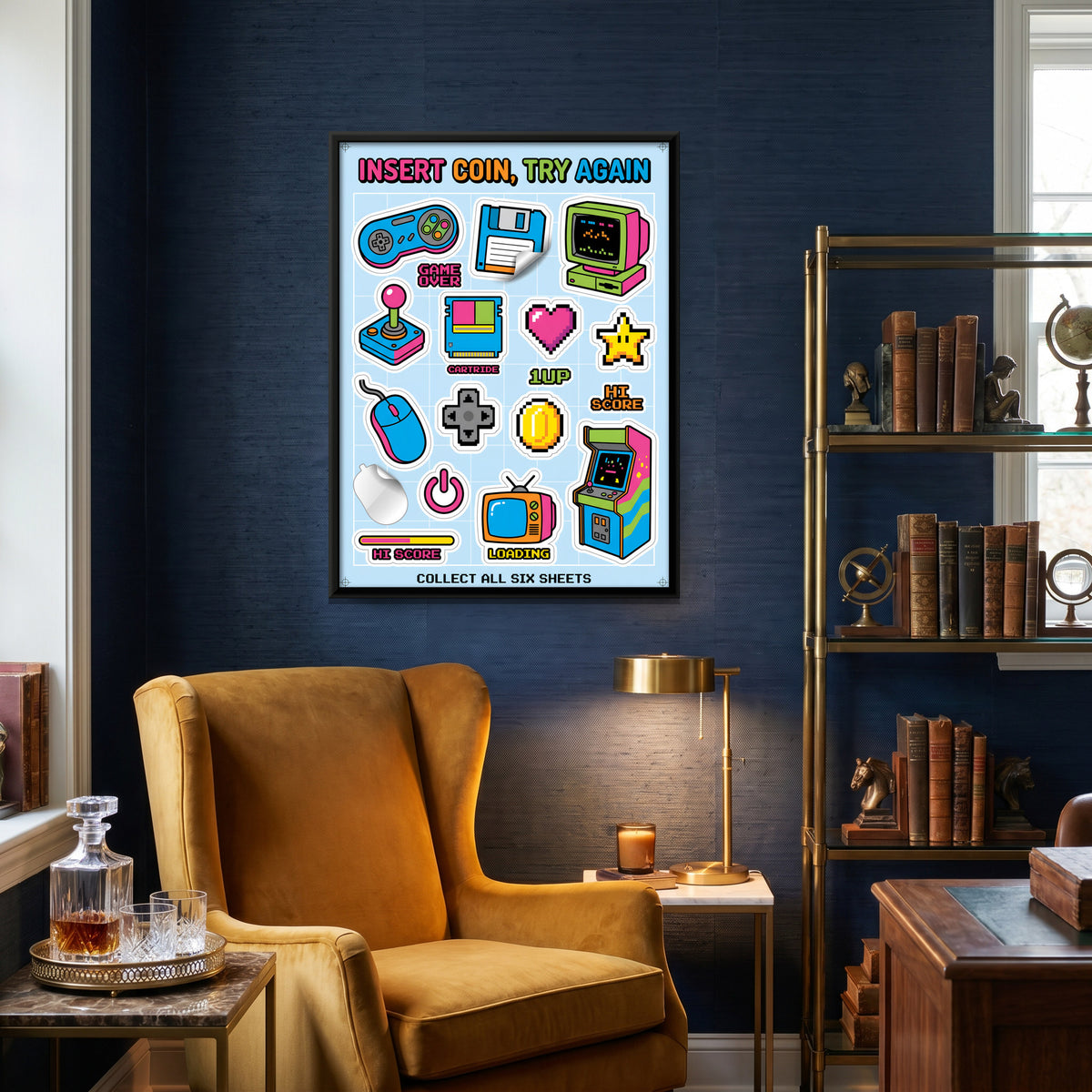 Retro Gaming Sticker Sheet - canvas art shown in a second room setting