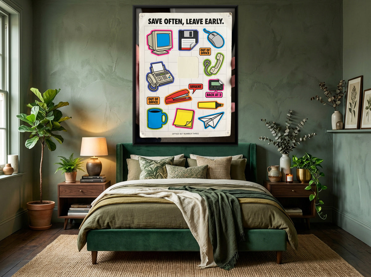 Retro Office Sticker Sheet - canvas art shown in a styled room