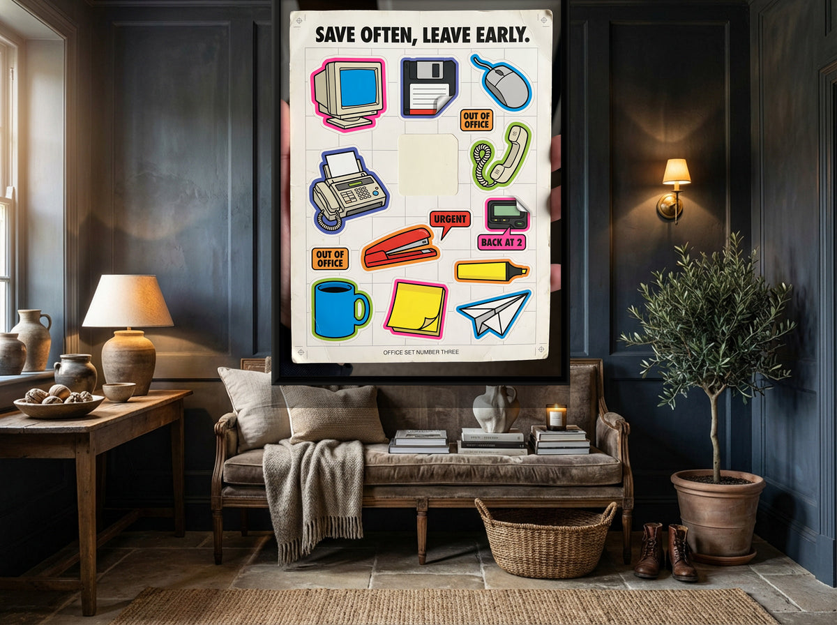 Retro Office Sticker Sheet - canvas art shown in a second room setting