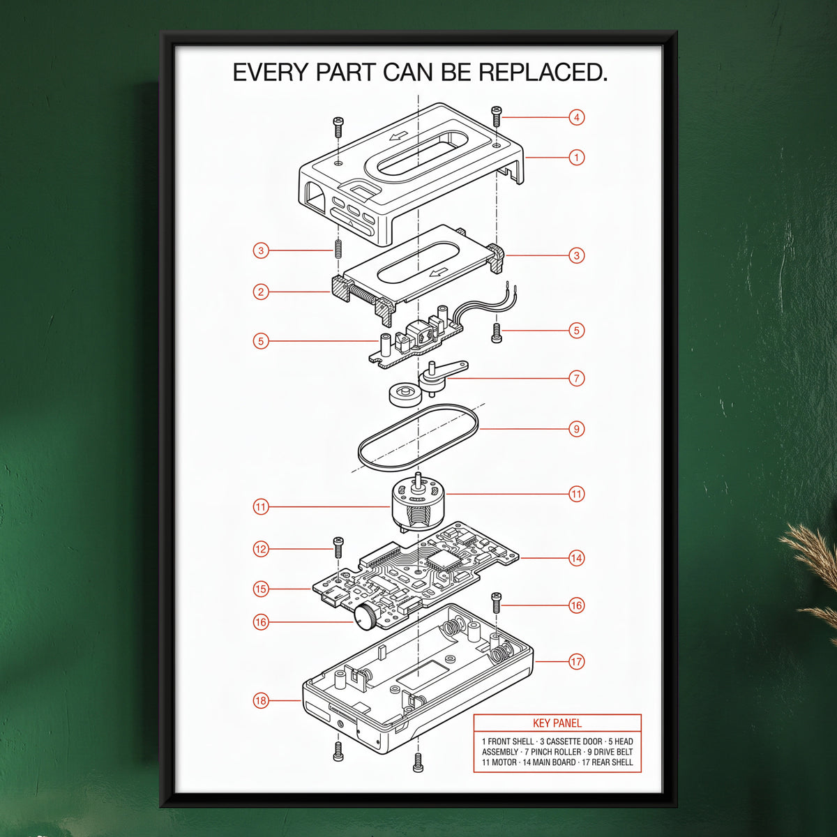 Cassette Player Exploded View - framed canvas art hung on a wall