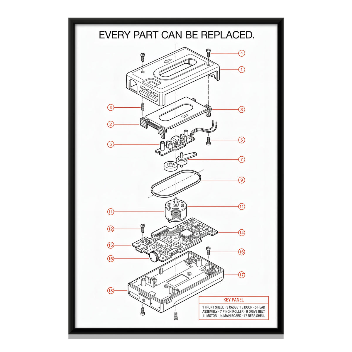 Cassette Player Exploded View - framed canvas print, front view