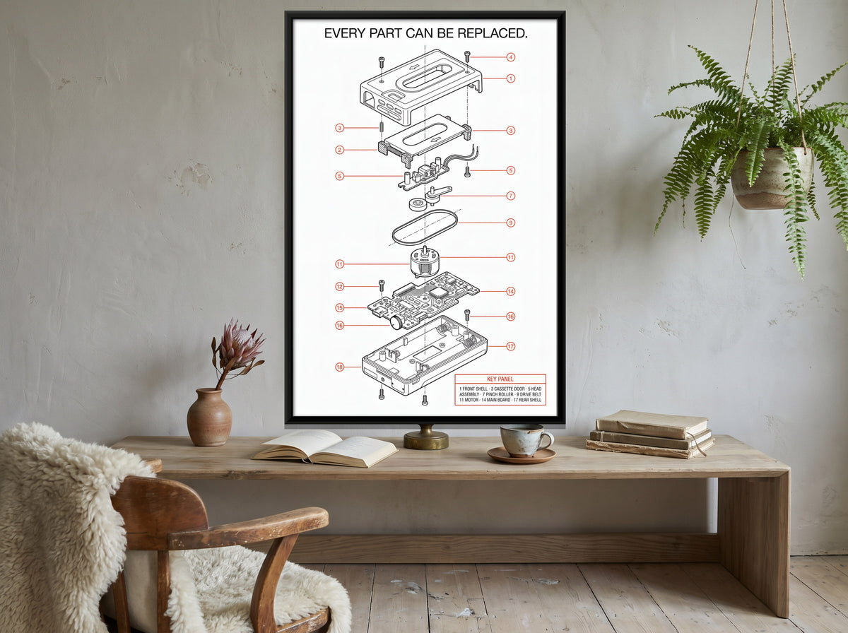 Cassette Player Exploded View - canvas art shown in a second room setting