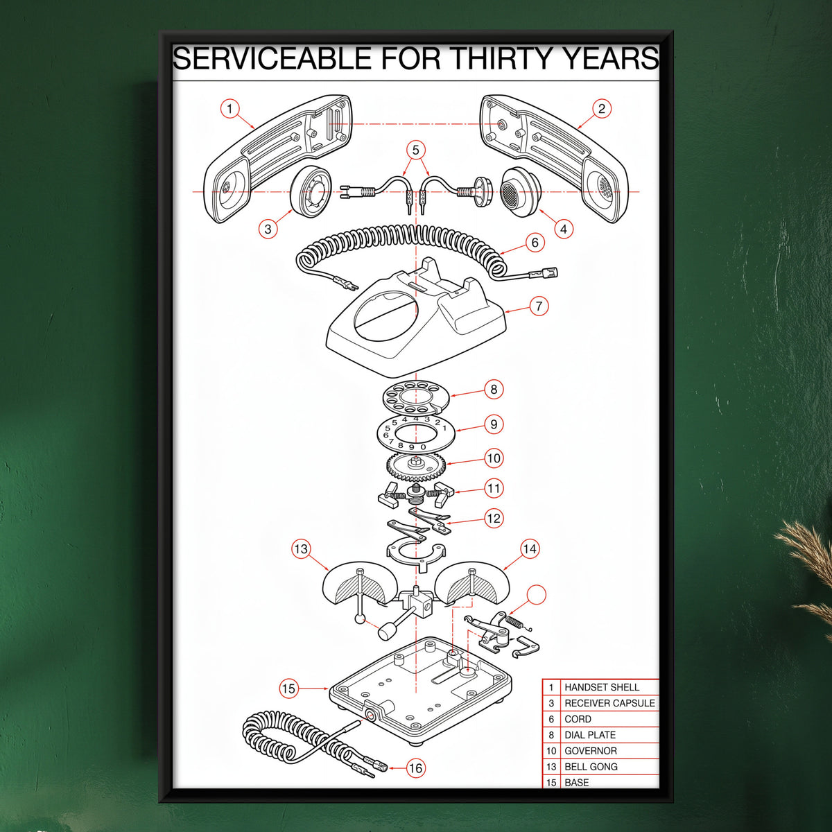 Rotary Telephone Exploded View - framed canvas art hung on a wall