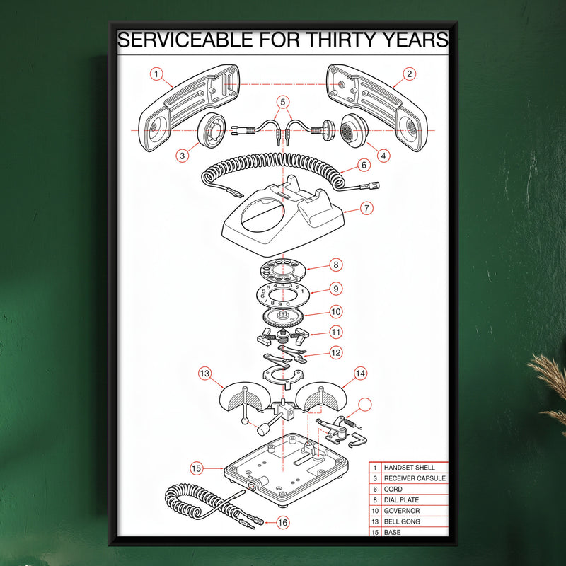 Rotary Telephone Exploded View - framed canvas art hung on a wall