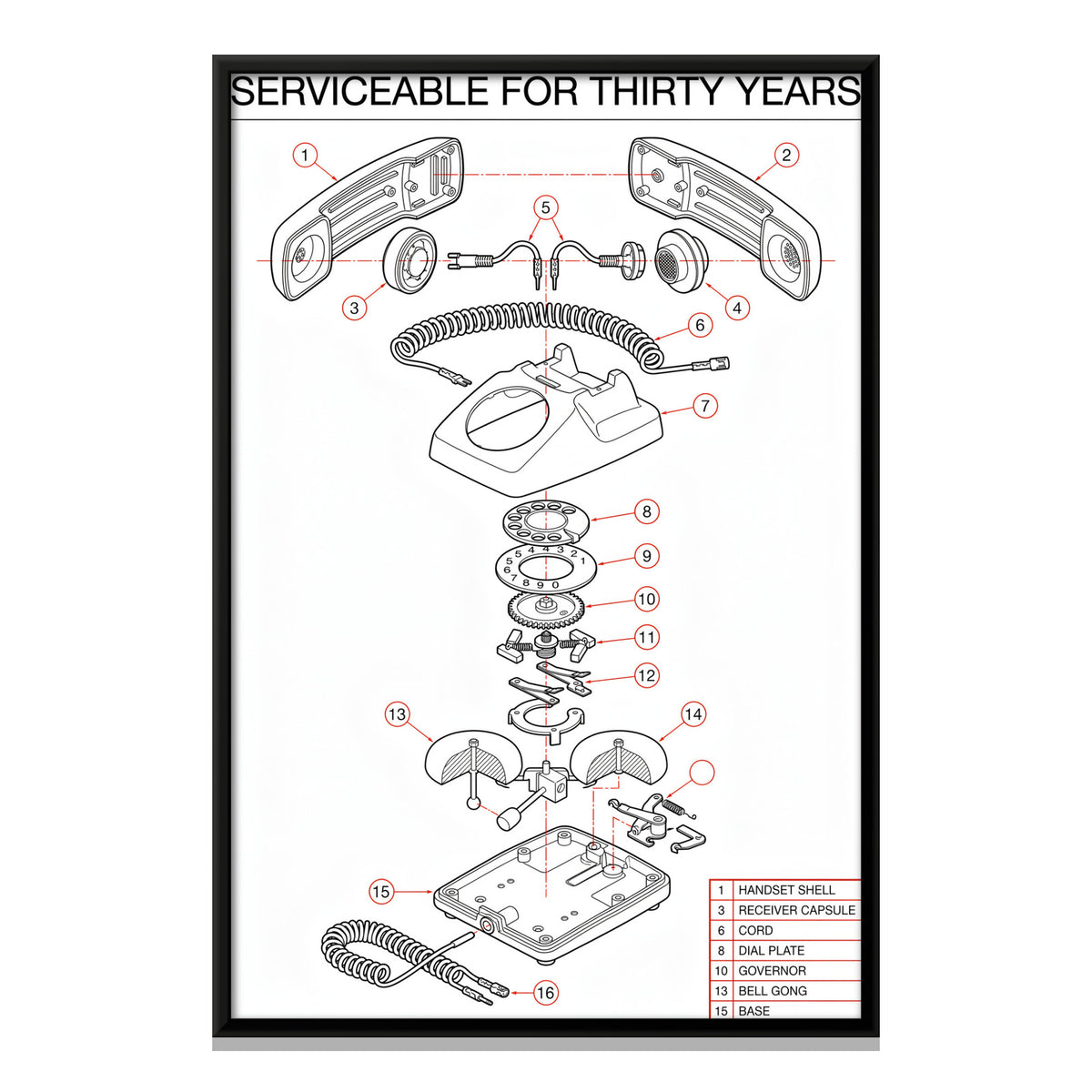 Rotary Telephone Exploded View - framed canvas print, front view