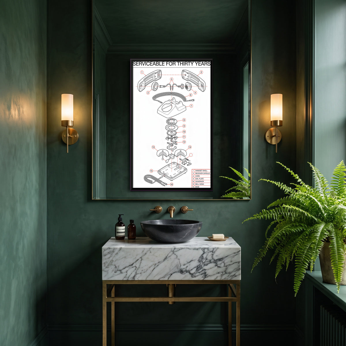 Rotary Telephone Exploded View - canvas art shown in a styled room