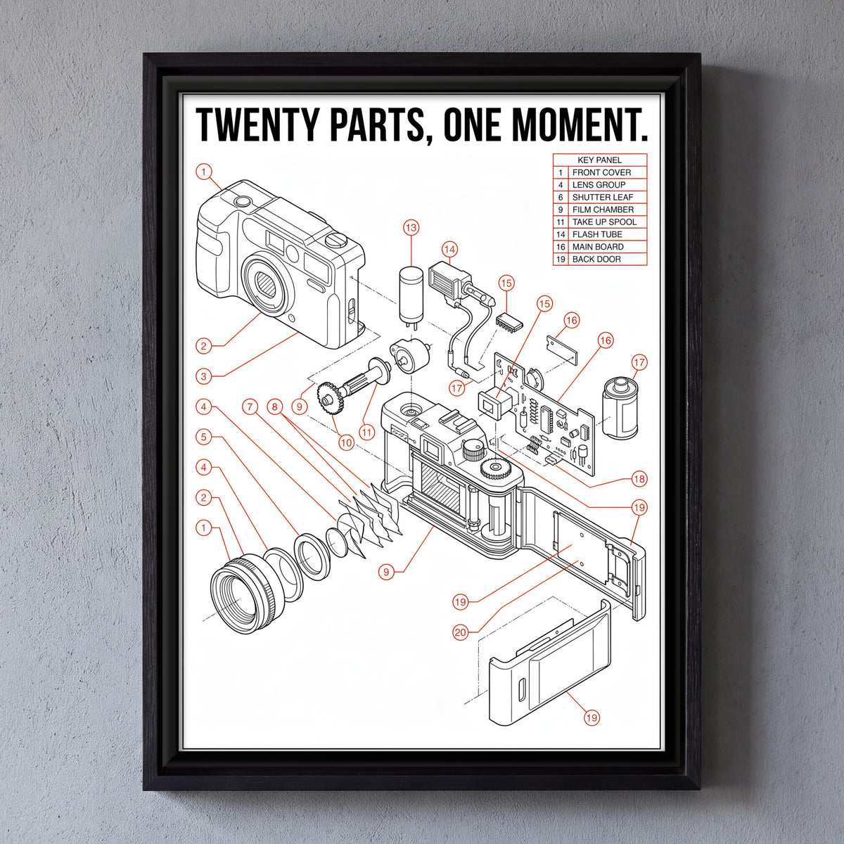 Film Camera Exploded View - framed canvas art hung on a wall