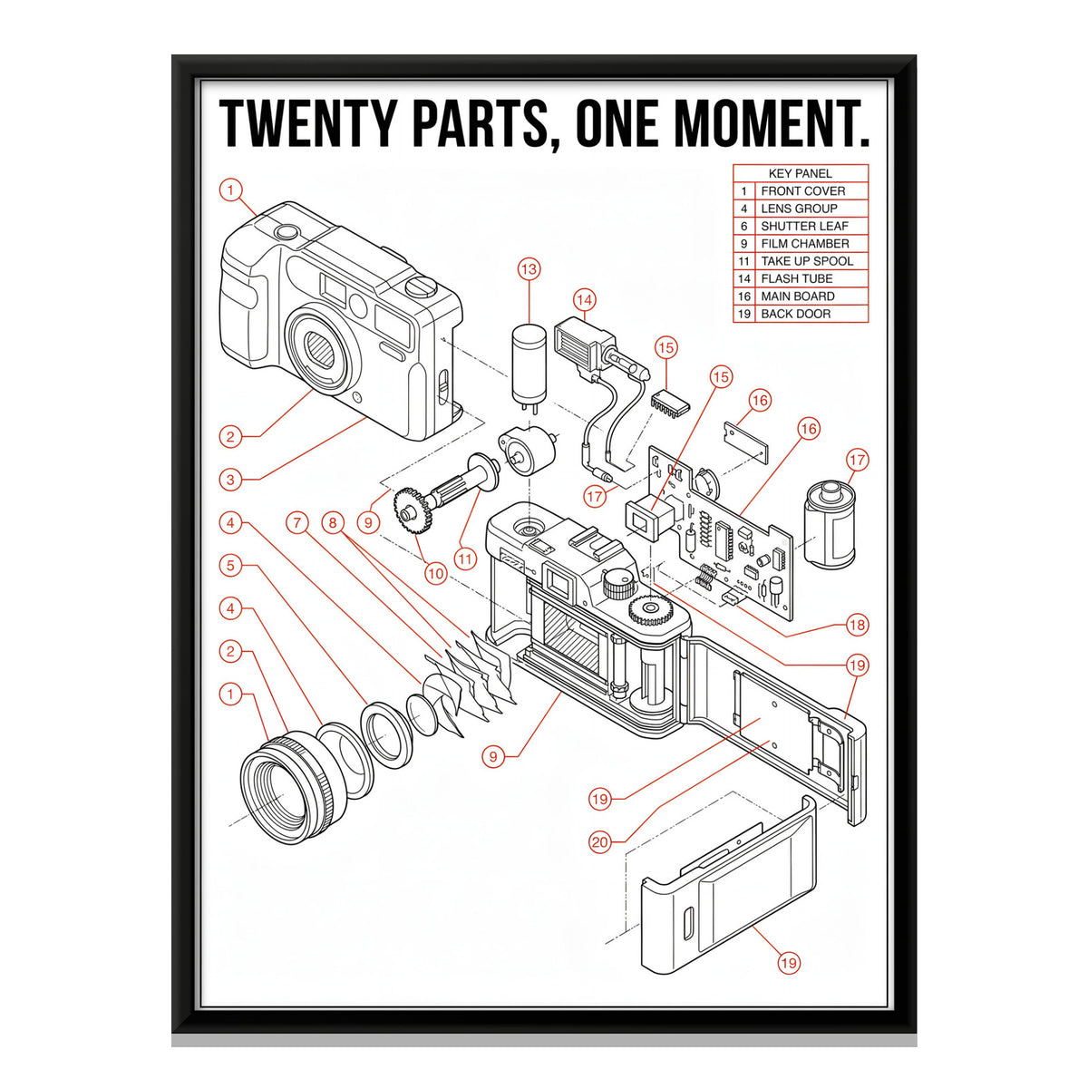 Film Camera Exploded View - framed canvas print, front view