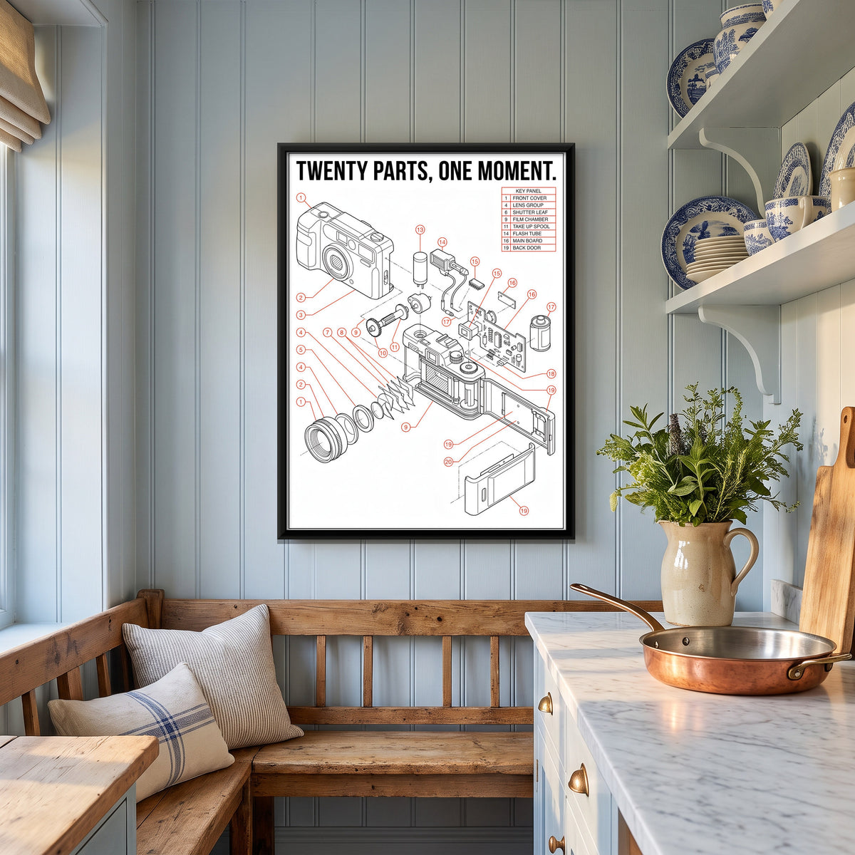 Film Camera Exploded View - canvas art shown in a second room setting