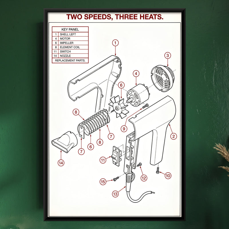 Hair Dryer Exploded View - framed canvas art hung on a wall