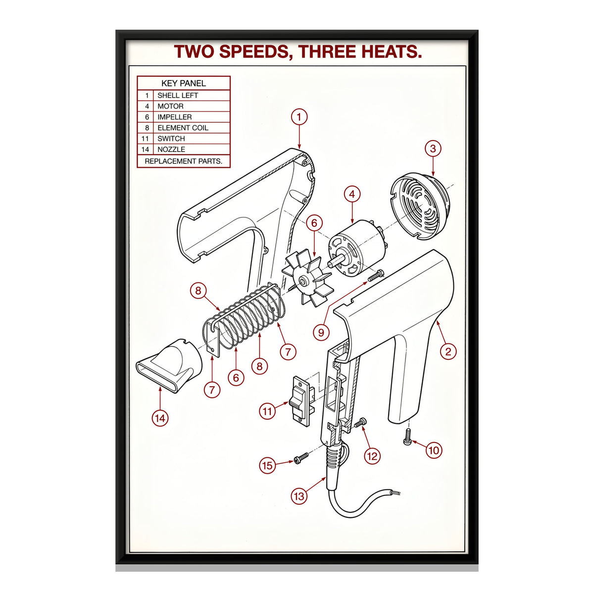 Hair Dryer Exploded View - framed canvas print, front view