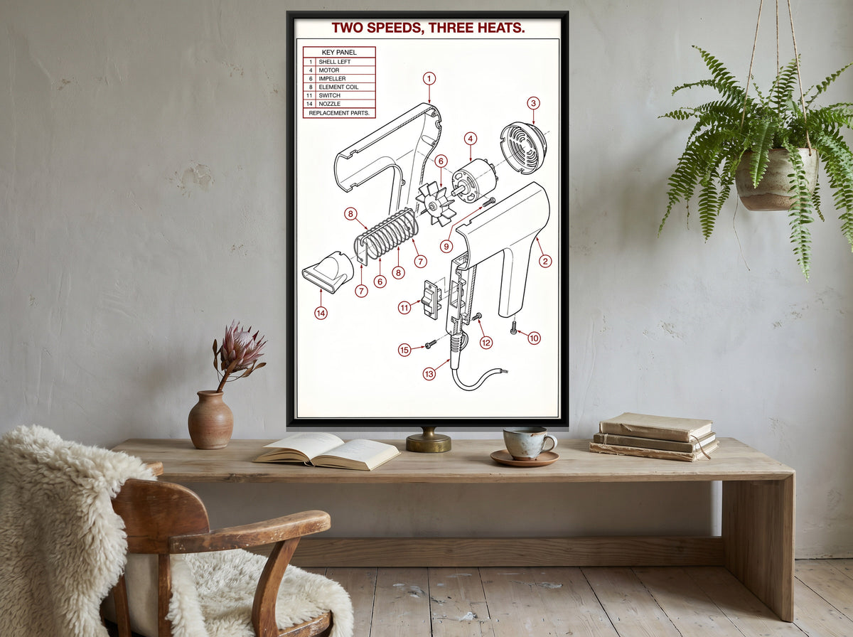 Hair Dryer Exploded View - canvas art shown in a second room setting