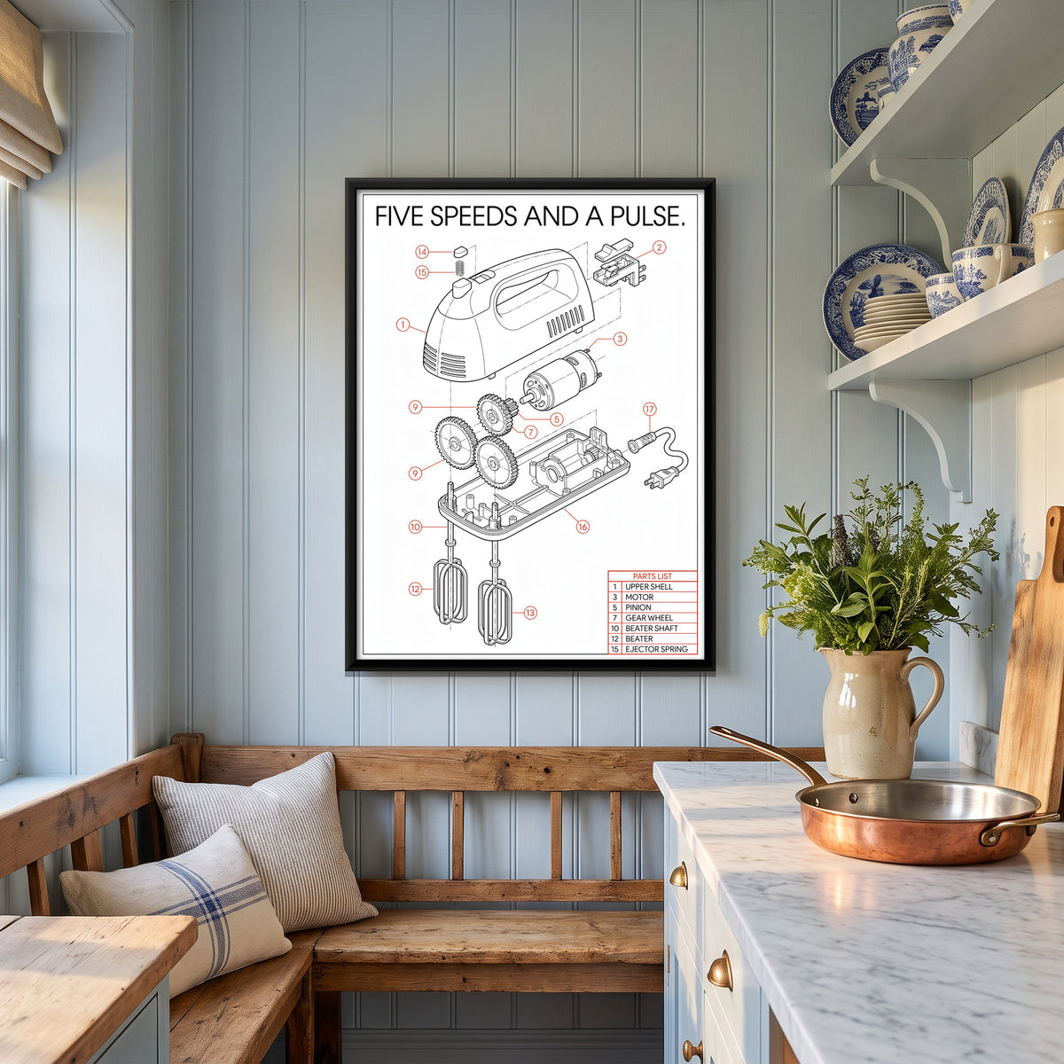 Hand Mixer Exploded View - canvas art shown in a second room setting
