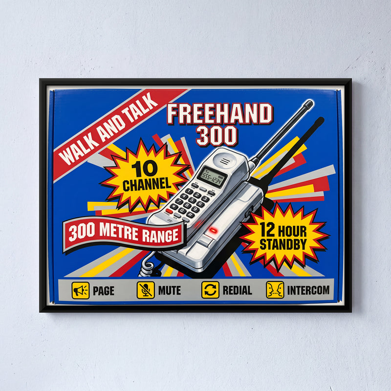 Retro Cordless Phone Box Art - framed canvas art hung on a wall