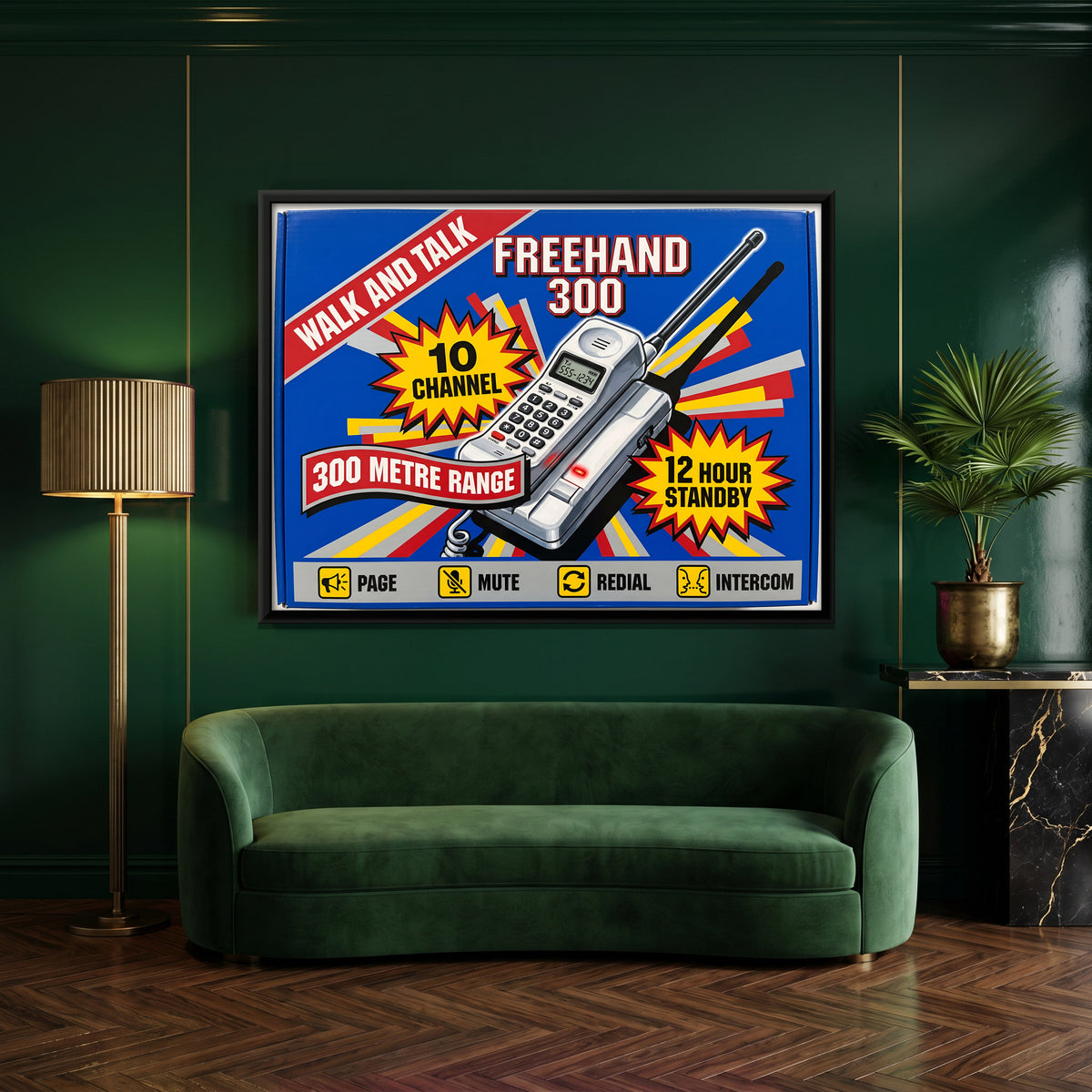 Retro Cordless Phone Box Art - canvas art shown in a styled room