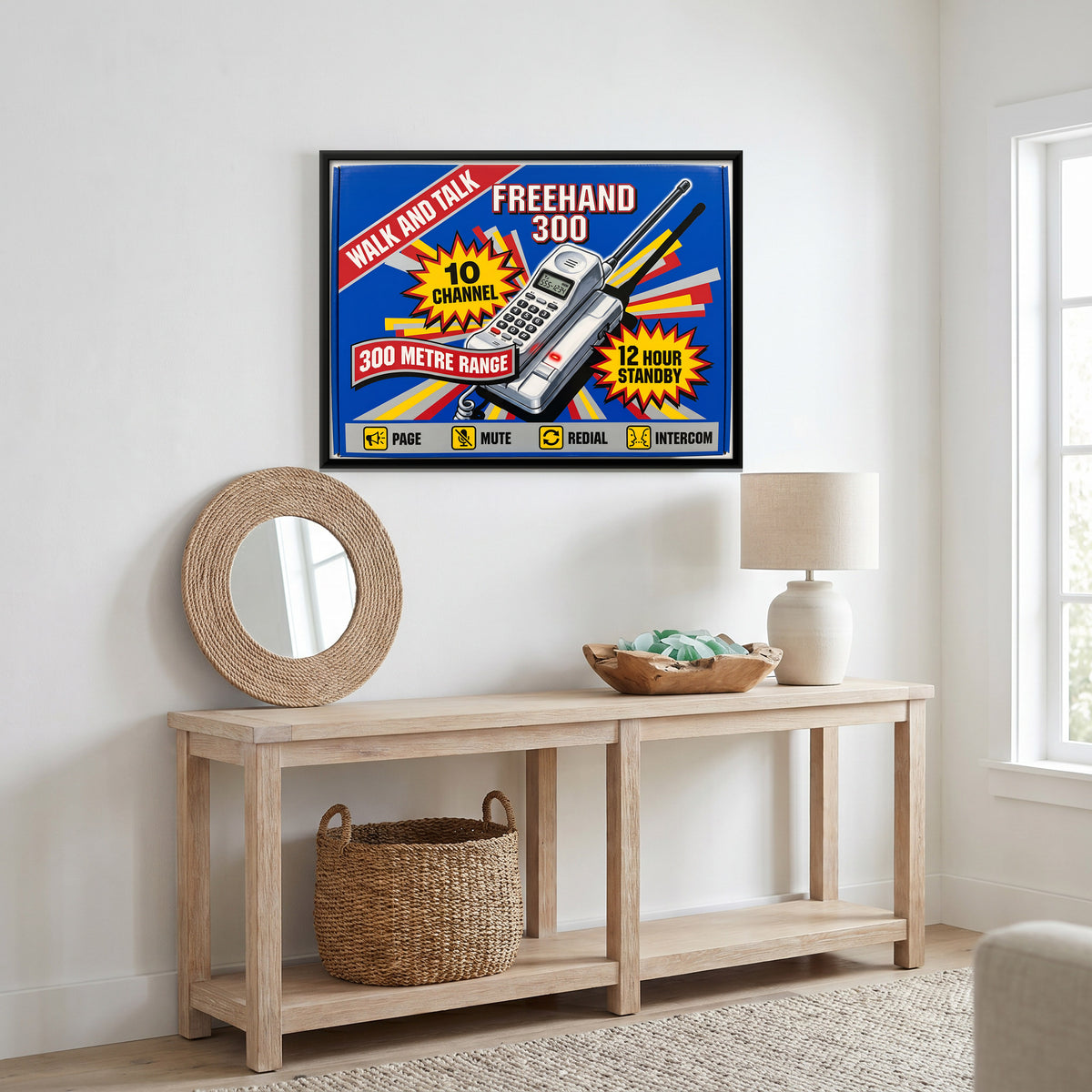 Retro Cordless Phone Box Art - canvas art shown in a second room setting