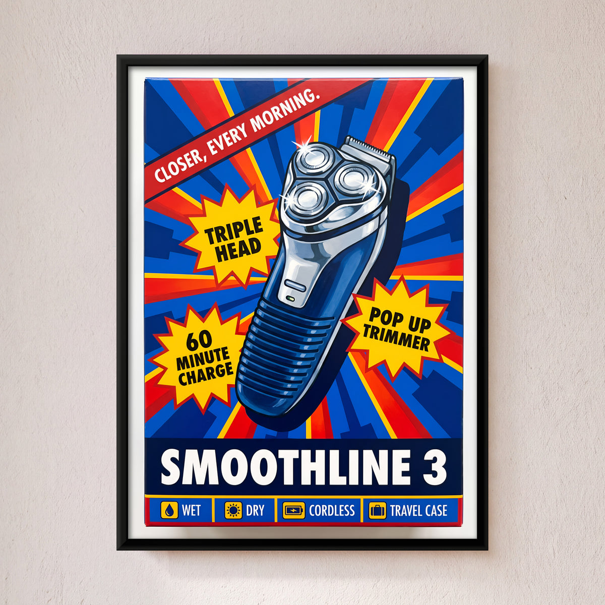 Retro Electric Shaver Box Art - framed canvas art hung on a wall