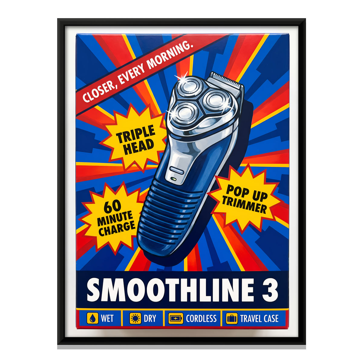Retro Electric Shaver Box Art - framed canvas print, front view
