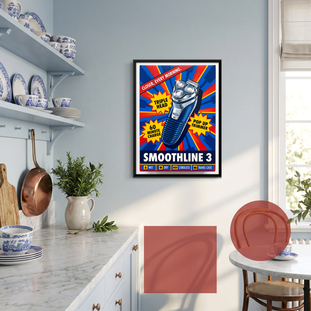 Retro Electric Shaver Box Art - canvas art shown in a second room setting