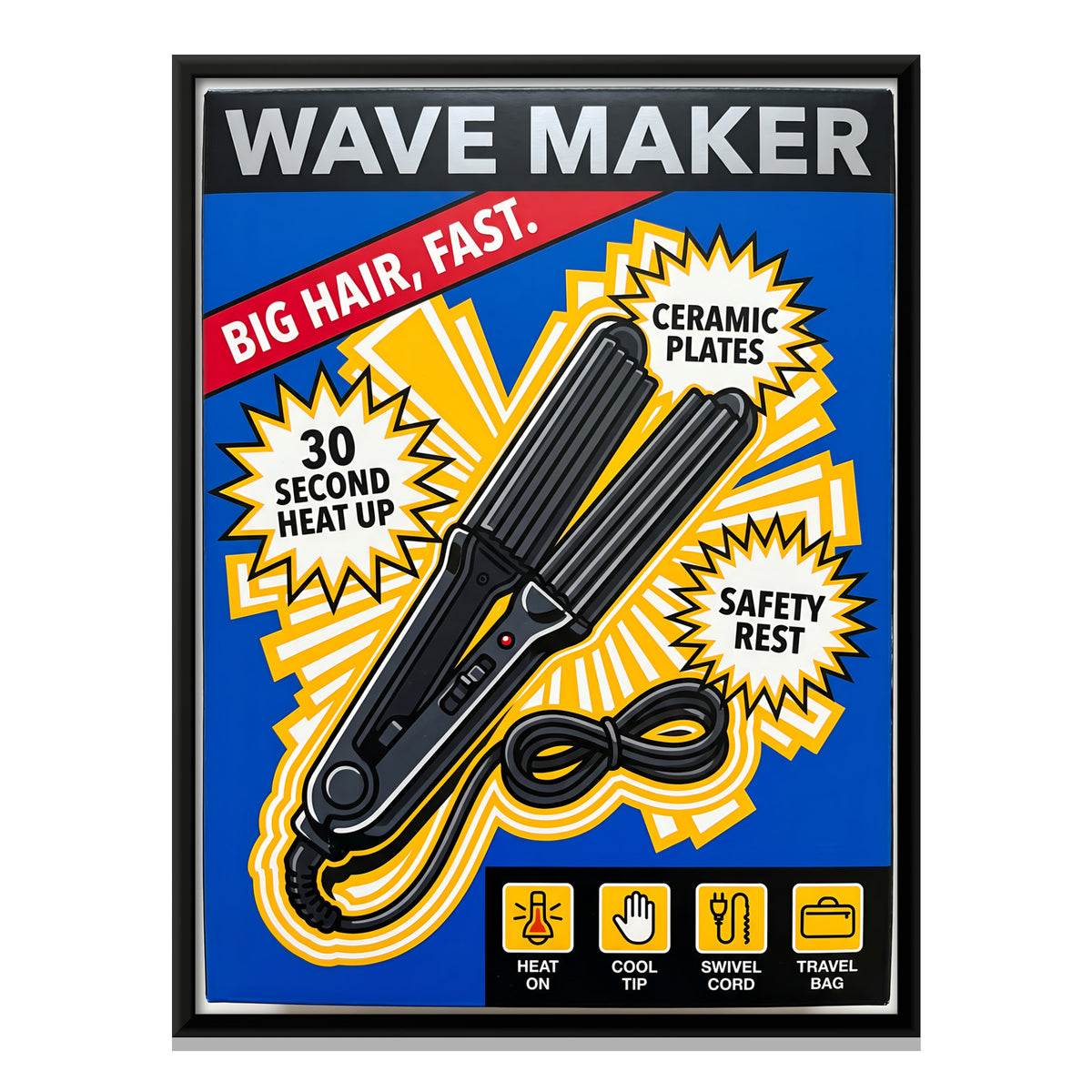 Retro Hair Crimper Box Art - framed canvas print, front view