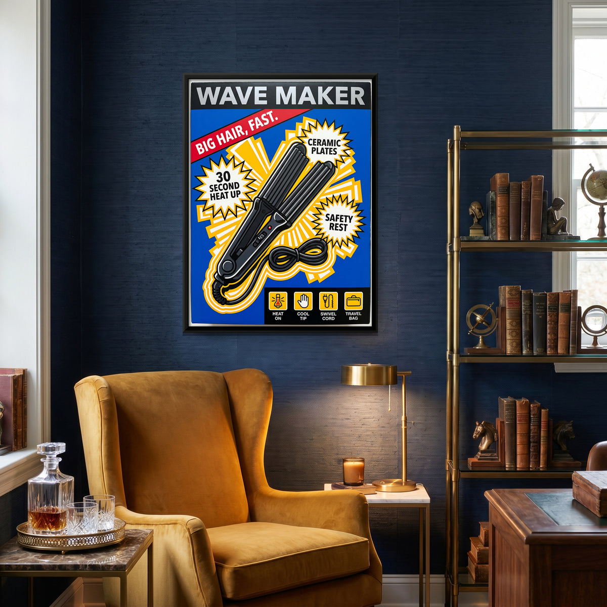 Retro Hair Crimper Box Art - canvas art shown in a second room setting
