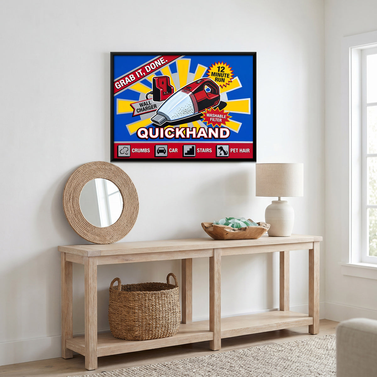 Retro Handheld Vacuum Box Art - canvas art shown in a styled room