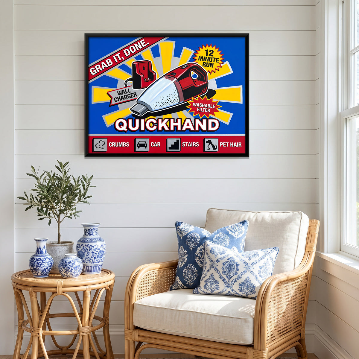 Retro Handheld Vacuum Box Art - canvas art shown in a second room setting