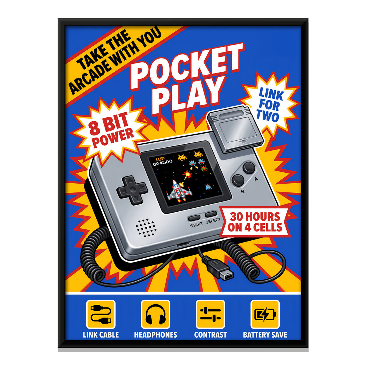 Retro Handheld Game Console Box Art - framed canvas print, front view